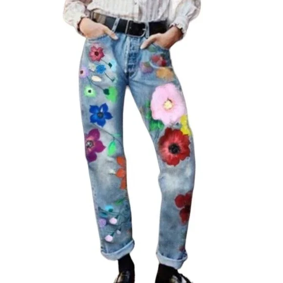 Misslook Floral Blue Jeans Straight Leg High Waist - Picture 2 of 8